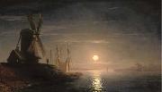 Ivan Aivazovsky A windmill overlooking a moonlit bay painting